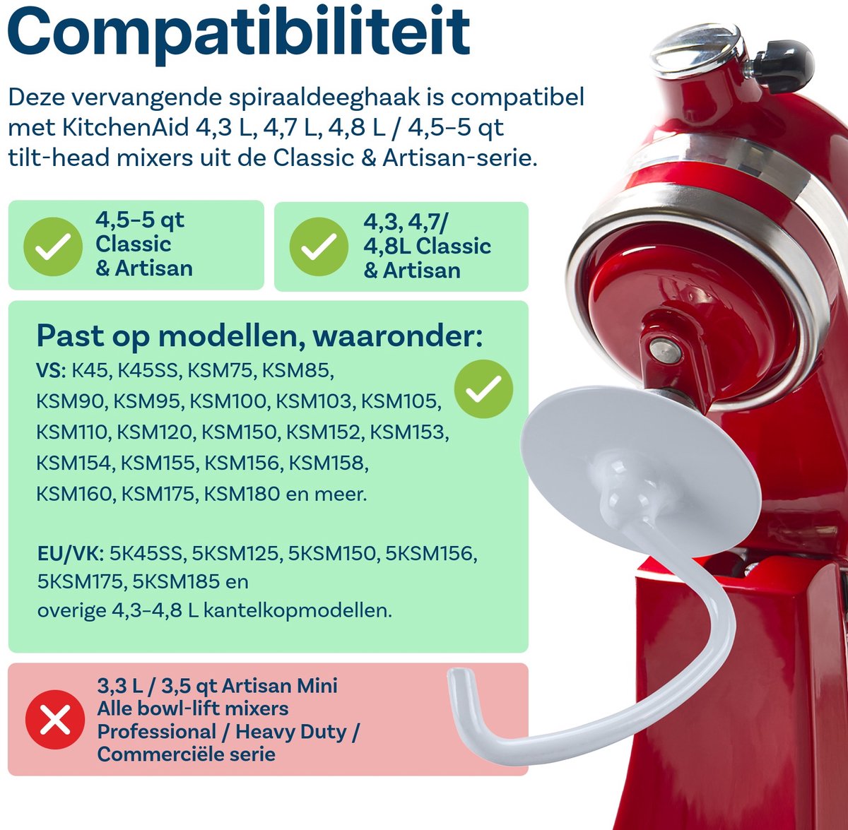 Deeghaak K45DH voor KitchenAid 4,5-5 Quart Tilt-Head Stand Mixers Artisan & Classic Series van MMOBIEL - Aluminium Vervangende Broodhaak - Mengaccessoire Vervanging – Enkel Handwas thumbnail 2