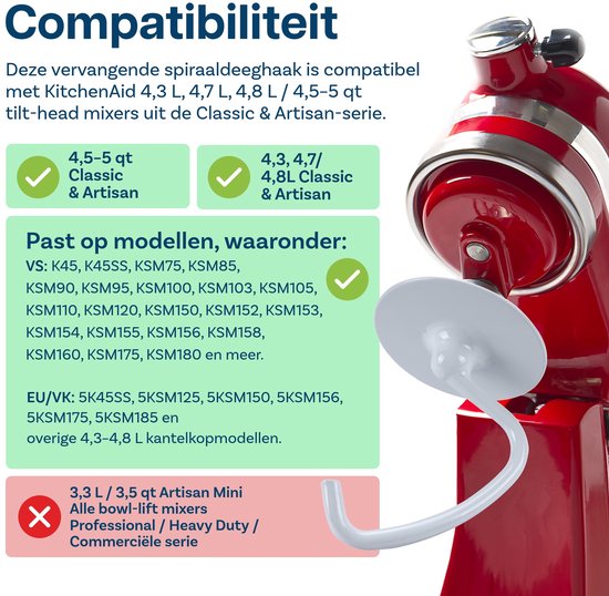 Deeghaak K45DH voor KitchenAid 4,5-5 Quart Tilt-Head Stand Mixers Artisan & Classic Series van MMOBIEL - Aluminium Vervangende Broodhaak - Mengaccessoire Vervanging - Enkel Handwas van MMOBIEL — afbeelding 2