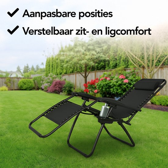 Brixy Opvouwbare Tuinstoelen set van 2 - Ligstoelen - Opvouwbaar - Verstelbaar - Ergonomisch Hoofdkussen - Metaal - Textileen - Zwart van Brixy — afbeelding 2