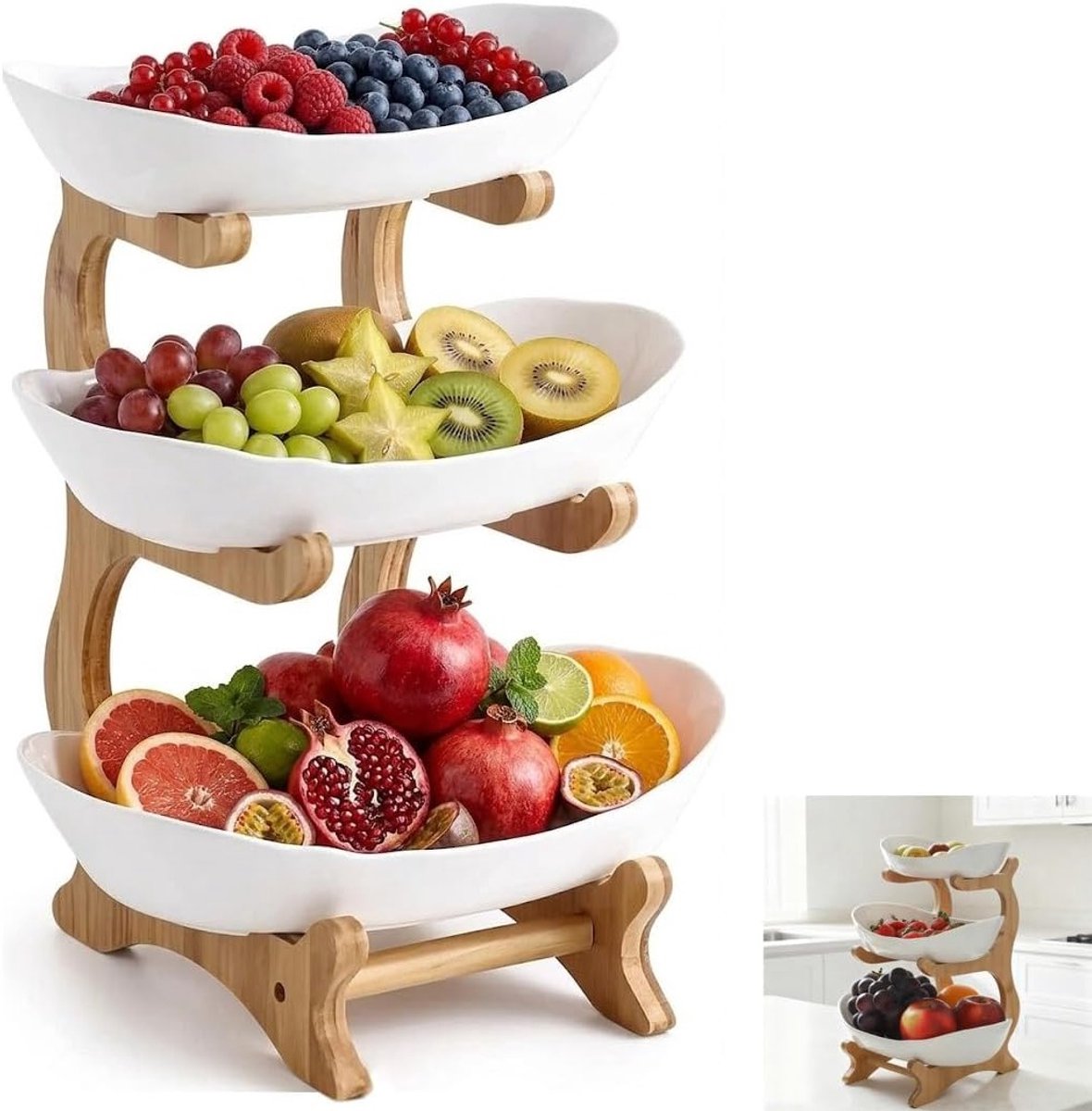 Drie-laags fruitstandaard voor groenten, fruit en snacks - houten basis, multifunctionele fruitmand