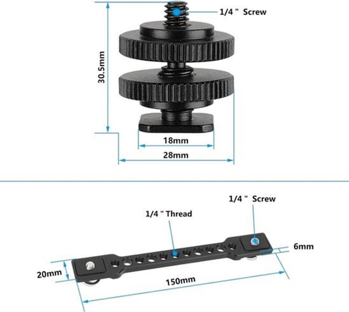 Stangarm met twee 1/4 inch 20 camera-schroefhouders en schoenadapters 3483 - voor fotografieniejunkies .