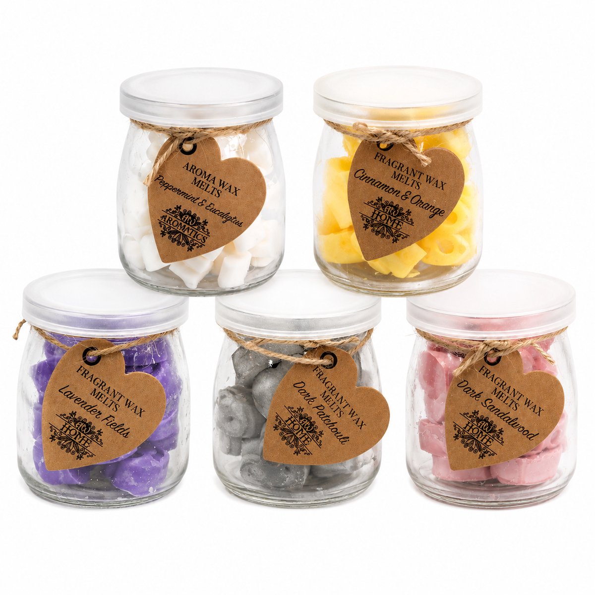 Waxmelts - smeltkaarsje - patchouli - lavendel - eucalyptus - sinaasappel - sandelhout - hartvormig - set van 5
