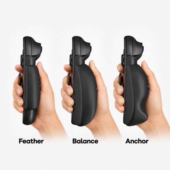 Vergelijking van drie zwarte Nintendo Switch grips in handen: Feather, Balance, Anchor.