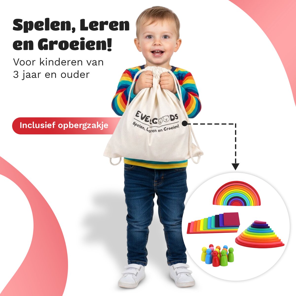 EverGoods Regenboog Speelgoed - Montessori Speelgoed- Educatief Speelgoed - Sensorisch Speelgoed - Houten Blokken - Incl. Opbzergzakje — afbeelding 3