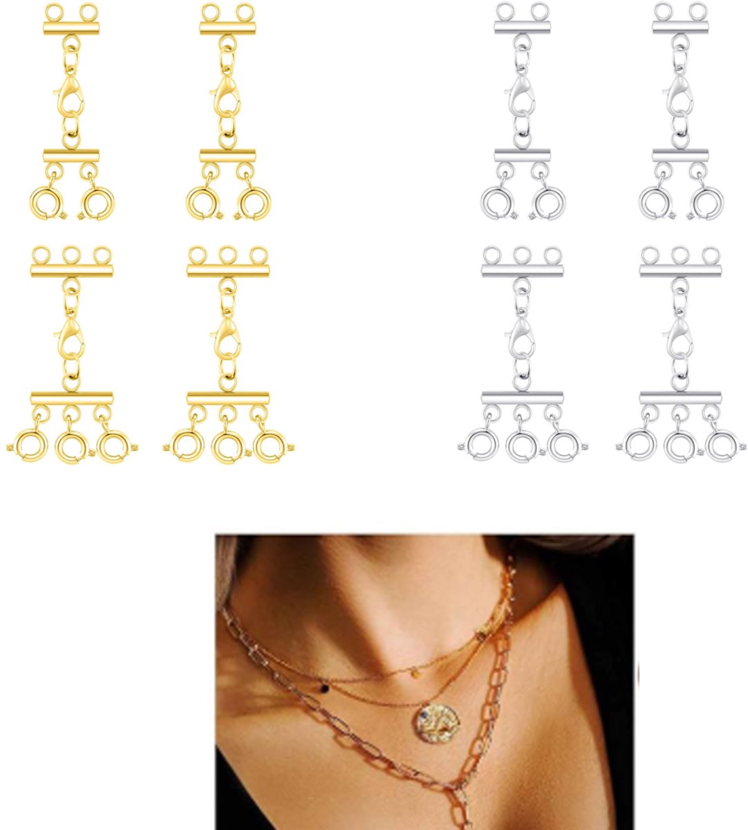 Set van 8 – Sieradensluitingen – Meerrijige sluitingen – Sieradenaccessoires – Verbindingsstukken – DIY-benodigdheden – Ideaal voor gelaagde kettingen – Goud- & zilvertinten