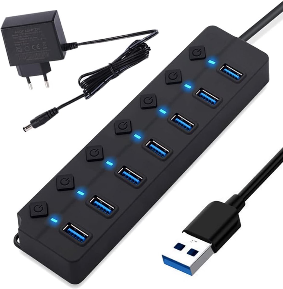 Quvo® USB Hub met Voeding - USB Hub - USB Splitter - Zwart - 22cm x 16cm x 5cm