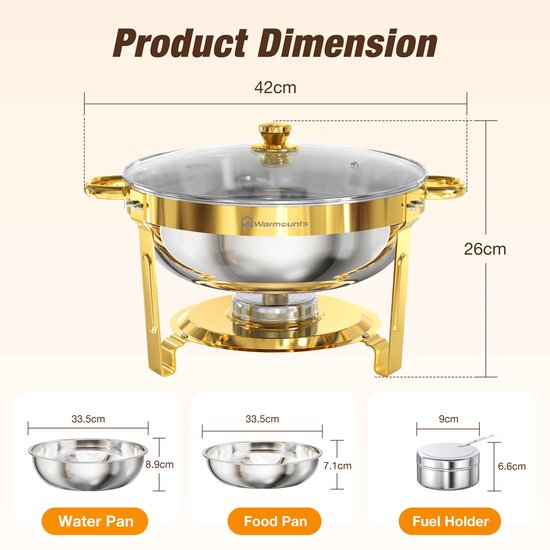 WARMOUNTS 4-delige Luxe Goudkleurige Ronde RVS Chafing Dish Set 4,7L – Buffetverwarmer voor Thuis, Party, Kerst, Feestdagen en Bruiloften — afbeelding 5