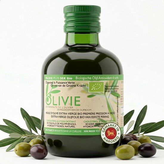 Olivie Pharma’s Olivie Plus 30x Bio Extra Vierge Olijfolie - Eerste Koude Persing - Rijk aan Polyfenolen & Hydroxytyrosol - Marokkaanse Olijfolie in Donkere Glazen Olive Oil Bottle