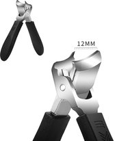Zilverkleurige nageltang met zwarte handvatten. Verstelbare snijvlakken tonen 12MM.
