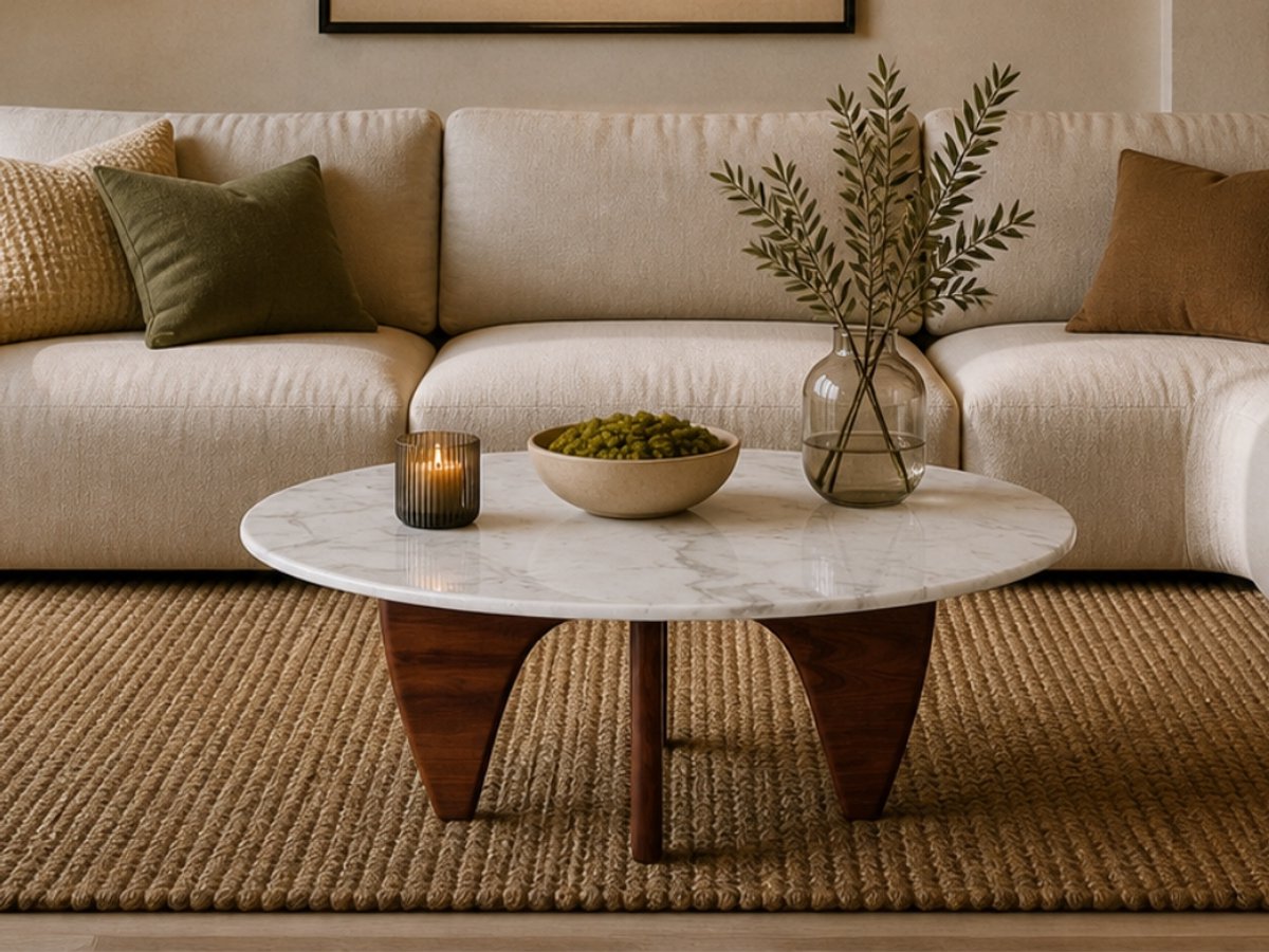 Salontafel - Walnoot Hout - Rond Marmer - Coffee Table - Tafel
