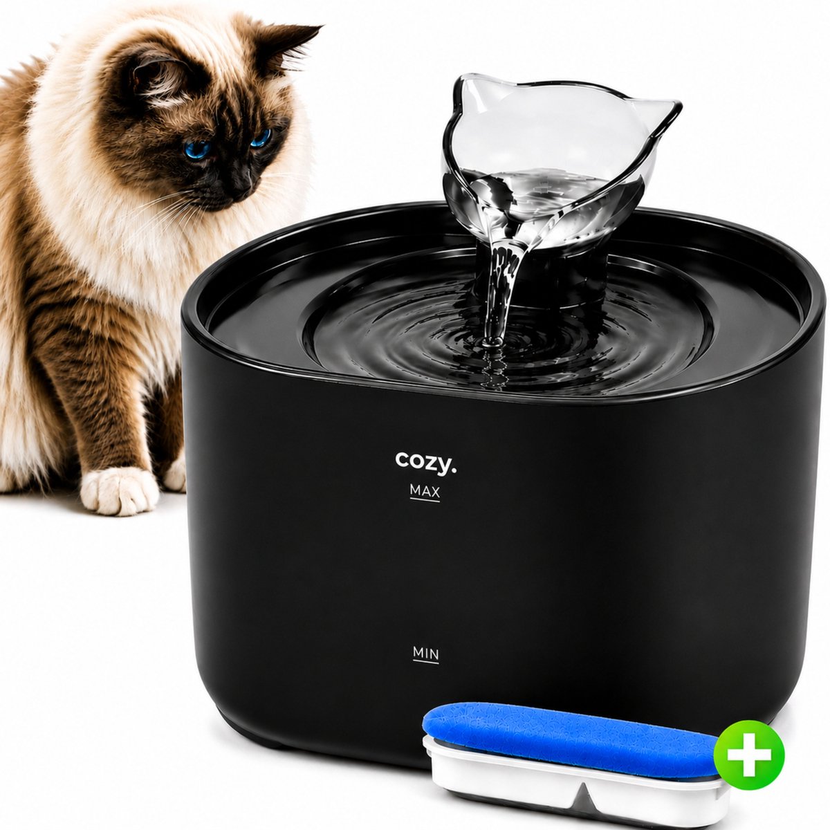 cozy.® Drinkfontein Kat Pro Plus 2026 - Waterfontein Kat 2.2L - Kattenfontein - Waterbak Kat - Waterdispenser Kat - Muisstil & Automatisch - Compact & Inclusief Filter - Zwart - Anti knoei Drinkbak