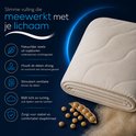 Detail van crème deken met quiltpatroon, met tekst over vulling die meewerkt met het lichaam.