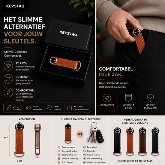 Bruine leren Keystaq sleutelhanger naast een open geschenkdoos en op de achtergrond een hand die het in een zak stopt.