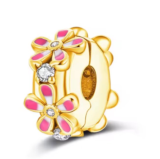 Gouden bedel met roze en witte bloemen, versierd met zirkonia.