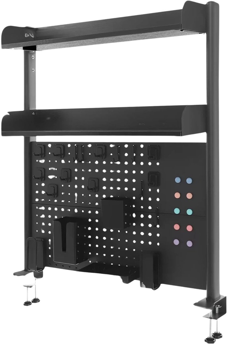 Happiq Multifunctionele clip-on bureau boekenplank – Voor studeerkamer en werkplek – klemplank/pegboard bureau-organizer en opbergrek voor accessoires – metaal/hout – zwart Black