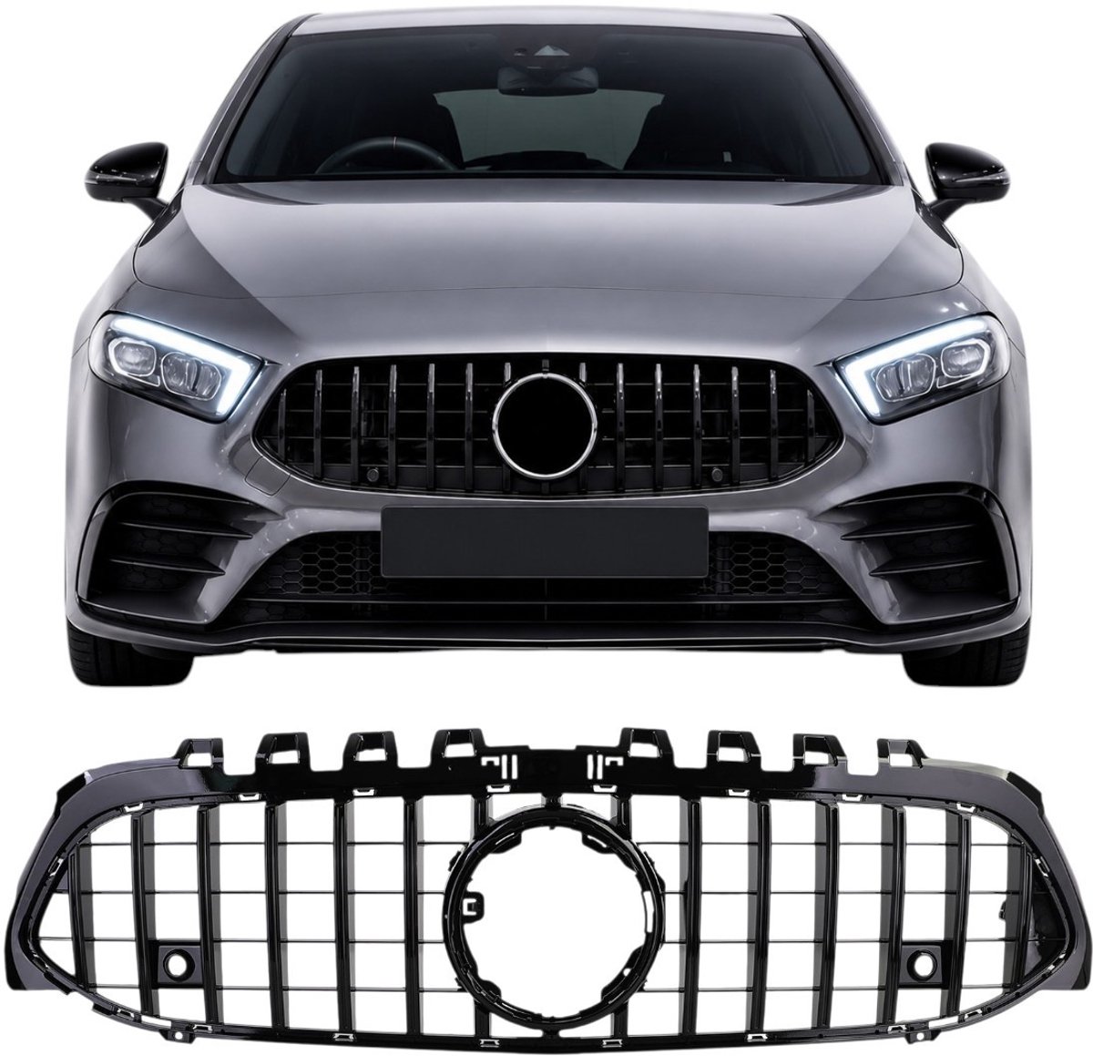 Grill Geschikt voor Mercedes A-Klasse W177/V177 Facelift (2018-2023) – Glans Zwart – Zonder Frontcamera