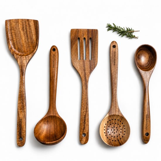 Ensemble de 5 ustensiles de cuisine en bois DUTCHERS, comprenant des spatules, une louche et une cuillère de service avec un grain de bois naturel.