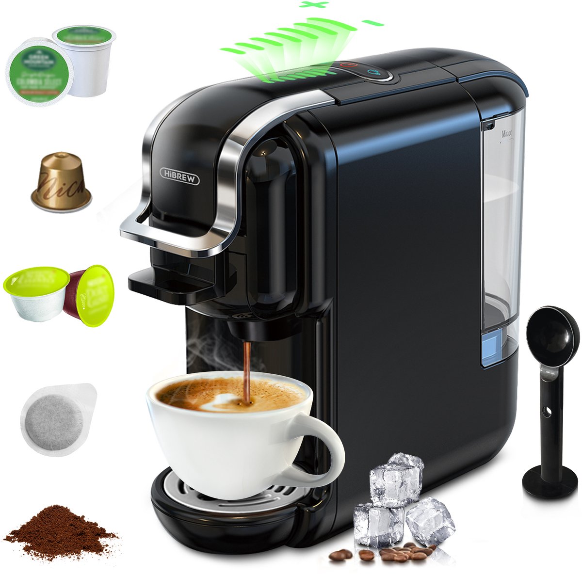HiBREW H2B - 5 in 1 - Koffiemachine - Koffiezetapparaat - Multifunctioneel voor warm en koud - Kapsulekoffiezetapparaat - Voor Nespresso, Dolce Gusto, ESE & gemalen koffie - Zwart
