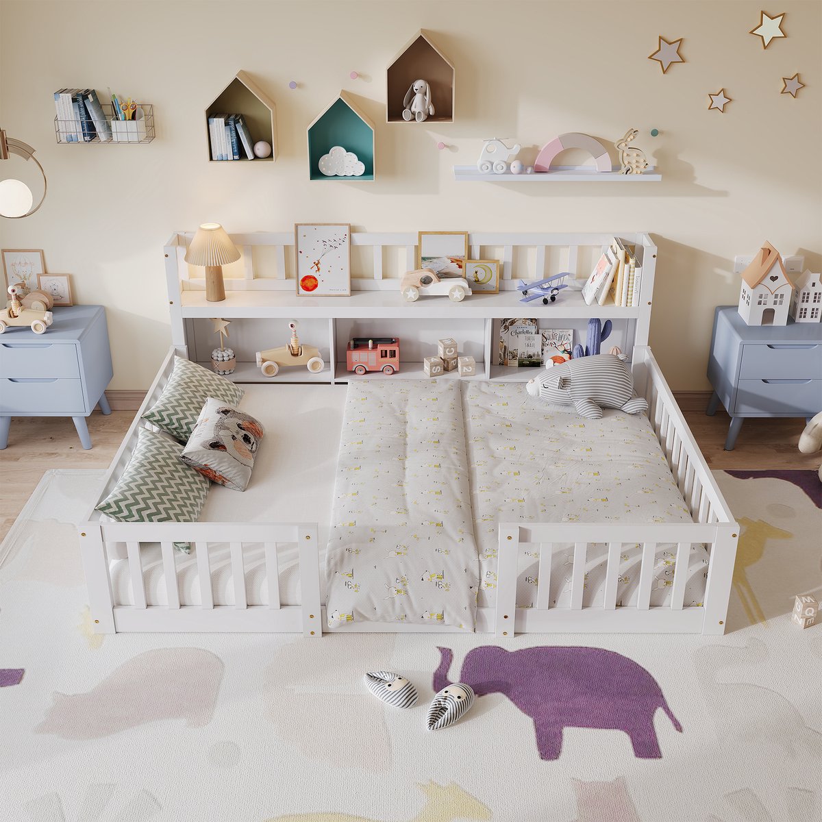 SHOPENTRA Montessori Kinderbed 140x200cm - Wit Houten Vloerbed met Boekenplank, Veiligheidshekken en Lattenbodem