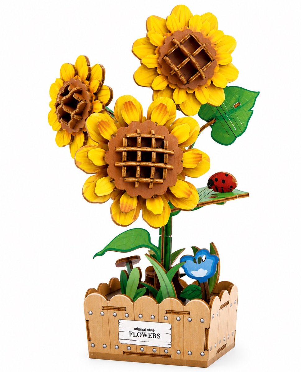 Beehub, Zonnebloem - Decoratieve Houten Bloem - 3D Houten Puzzel Bloemen - Bouwpakket voor Volwassenen en Kinderen - Creatief Knutselen - DIY Modelbouw - 12,5 x 9 x 21 cm