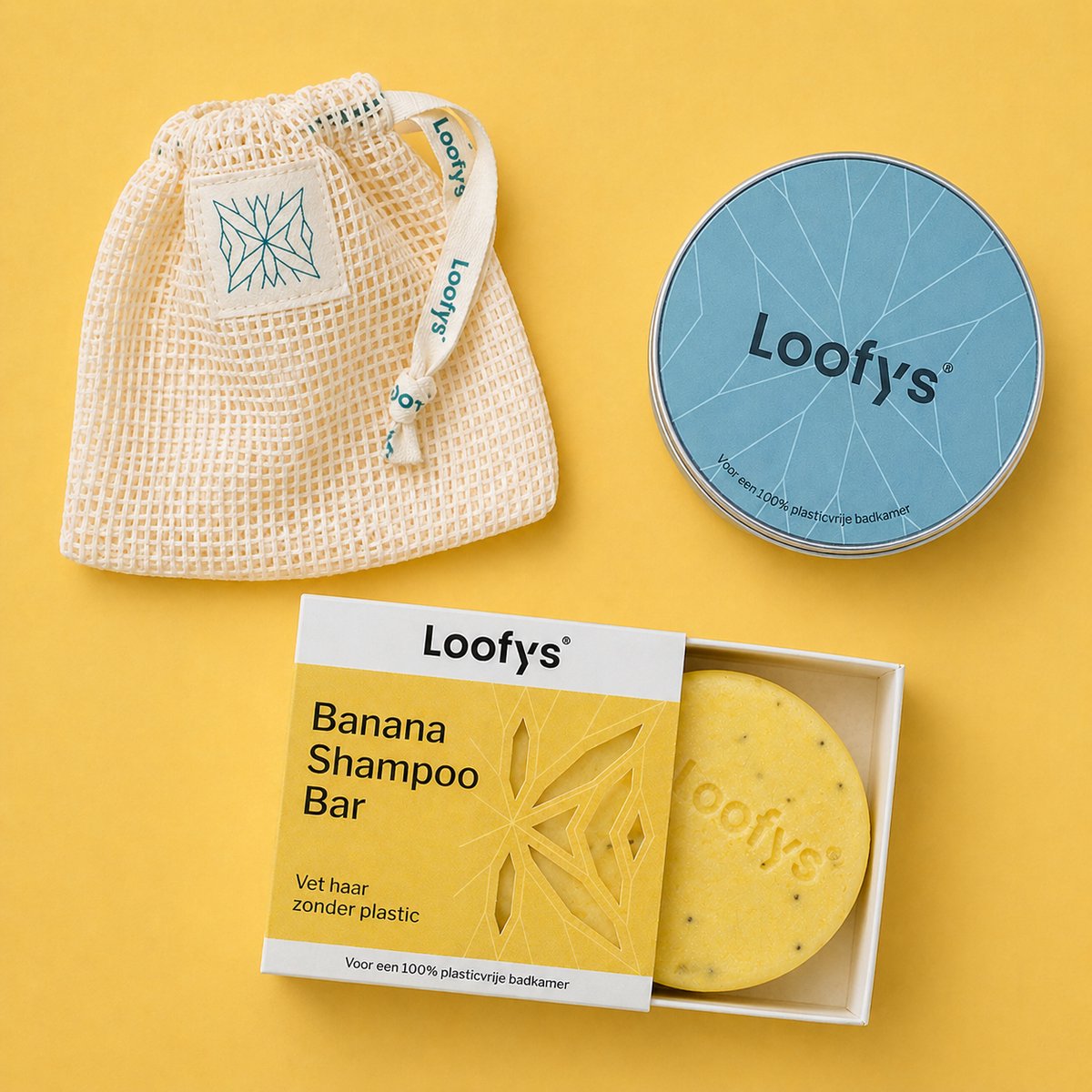 Loofys Shampoo Bar Banana met Zeepzakje en Reisblikje - Vaste Shampoo voor Krullend Haar - Alternatief voor Reisflesjes - Duurzaam en Plasticvrij - Shampoo Bar Travel Set - 60g
