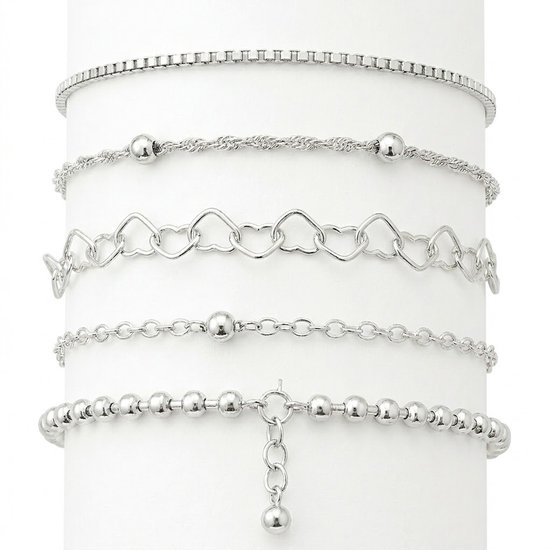 Set van 5 zilverkleurige armbanden voor dames – fijne schakelarmbanden met hartjes, bolletjes en gedraaid patroon – minimalistische dames armbandenset