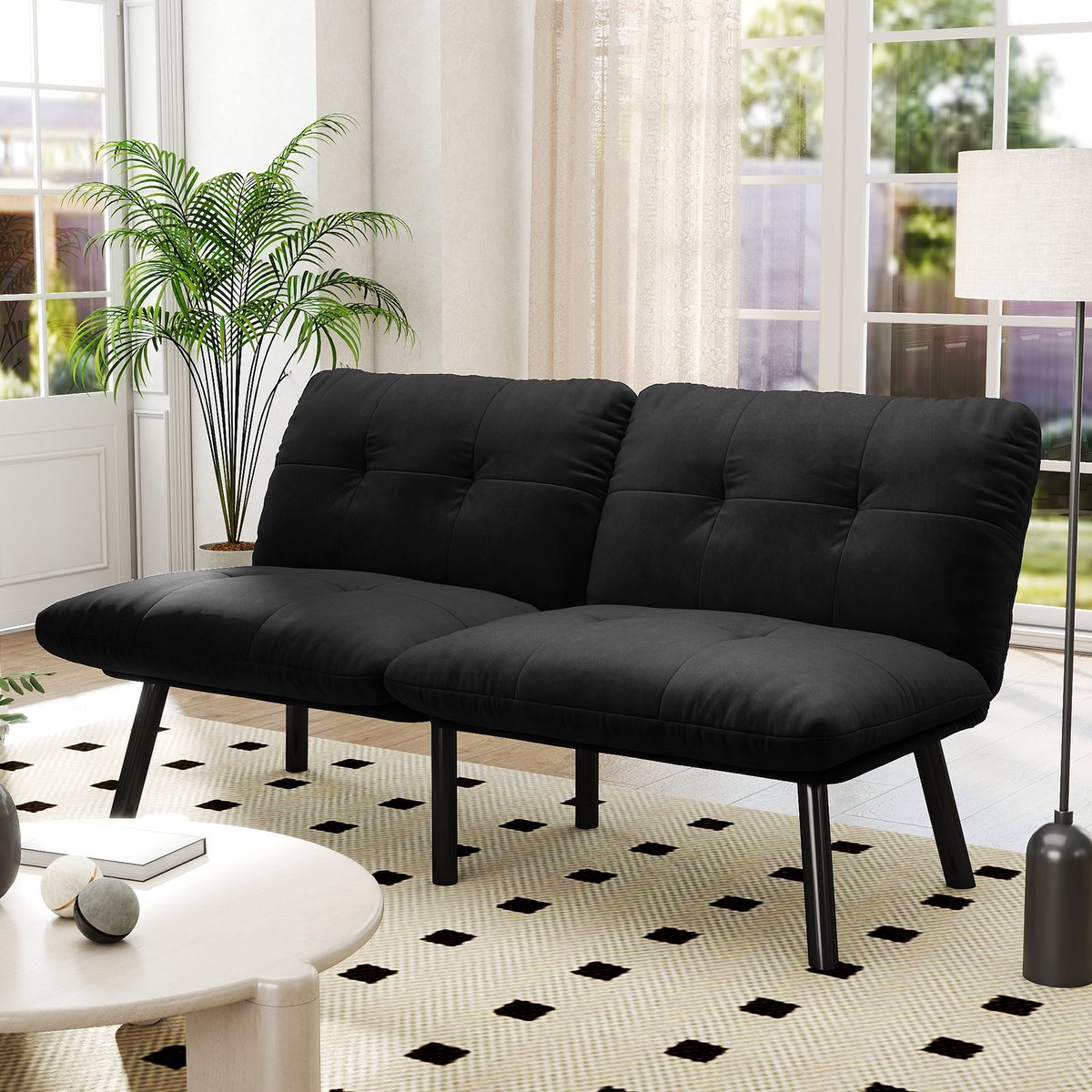 Wishdor Slaapbank Voor 2 Personen - Opvouwbaar Met Slaapfunctie - Modern Ontwerp - Voor Compact Wonen - Metalen Frame En Fluwelen Bekleding - Zwart