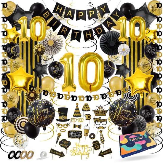 Compleet zwart-gouden feestpakket voor 10e verjaardag: ballonnen, 'Happy Birthday'-banners, decoraties, toeters, brillen en fotobooth props.