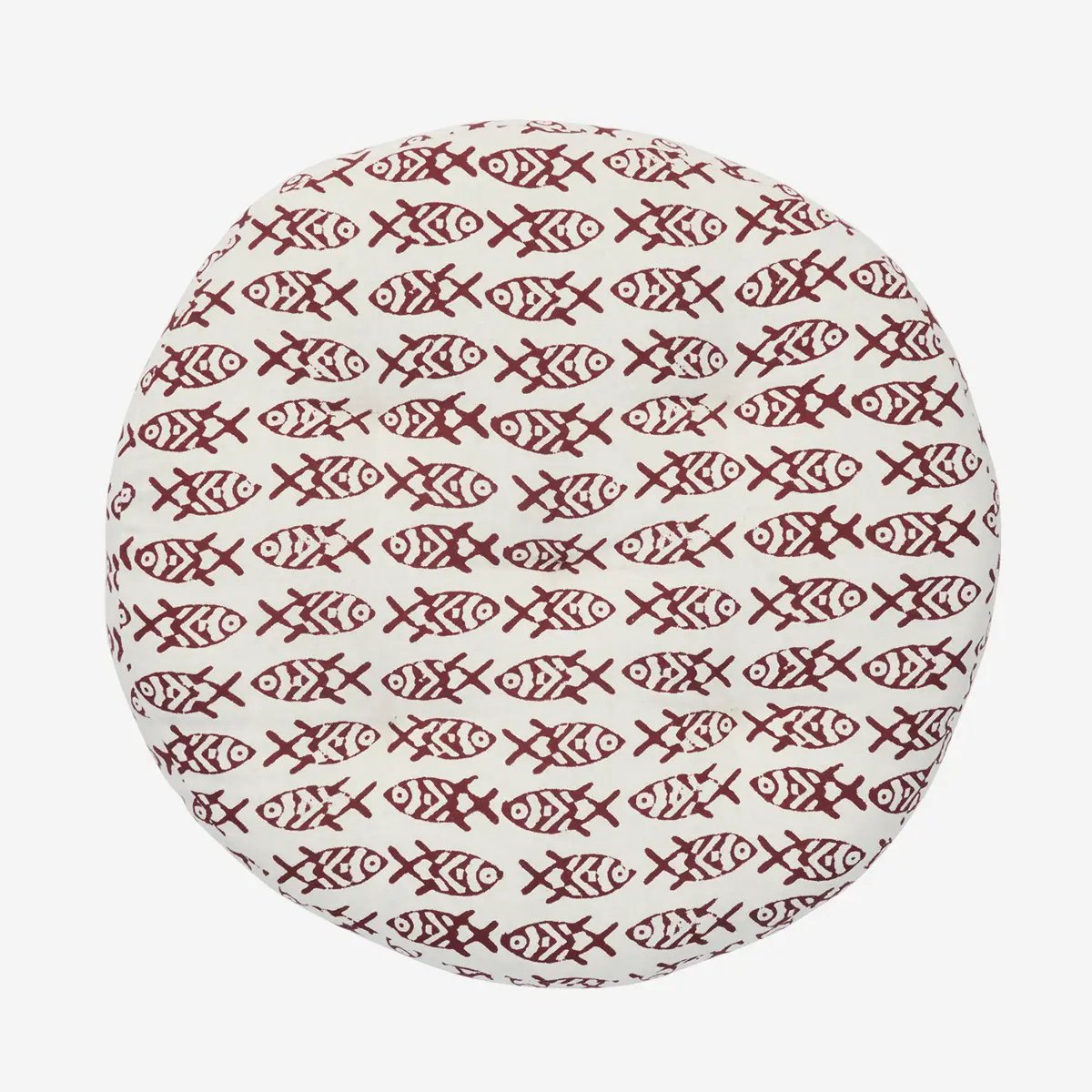 Madam Stoltz - Rond Stoelkussen - 100% katoen, 45 cm - Wit met rode vissen