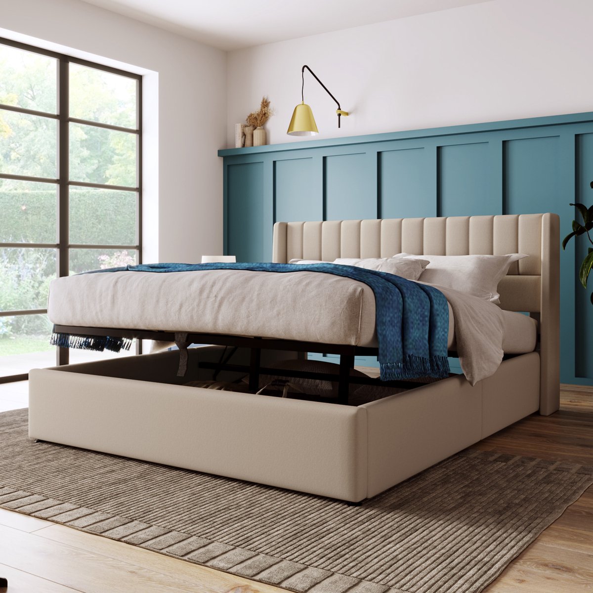 Tweepersoonsbed, 160x200 cm, gestoffeerd bedframe met hydraulische opbergruimte, bedframe, beige, linnen stof, zonder matras
