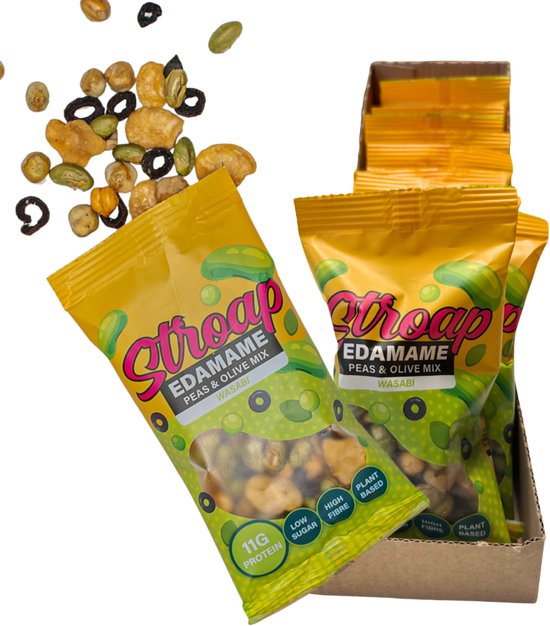 Stroap - display (12 st à 40g) Edamame Peas and Olive Mix Wasabi - hoog in eiwit - suikerarm - rijk aan vezels - plantaardig - glutenvrij - lactosevrij