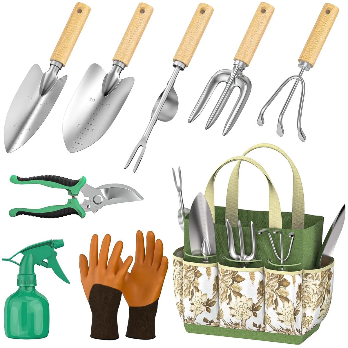VIEMAE Tuingereedschap - Tuingereedschap set 9-delig - Incl schep, hark, snoeischaar, handschoenen en meer - RVS, houten handvat
