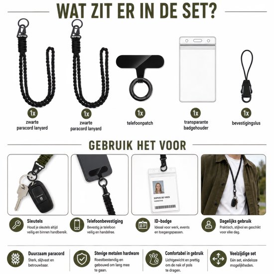 Cordon paracorde Heavy Duty – Lanière porte-clés – Cordon téléphonique universel/chaîne téléphonique – Lanière – Support pour carte/clés – Lanière de téléphone/mobile – Lanière – Collier porte-carte d'identité