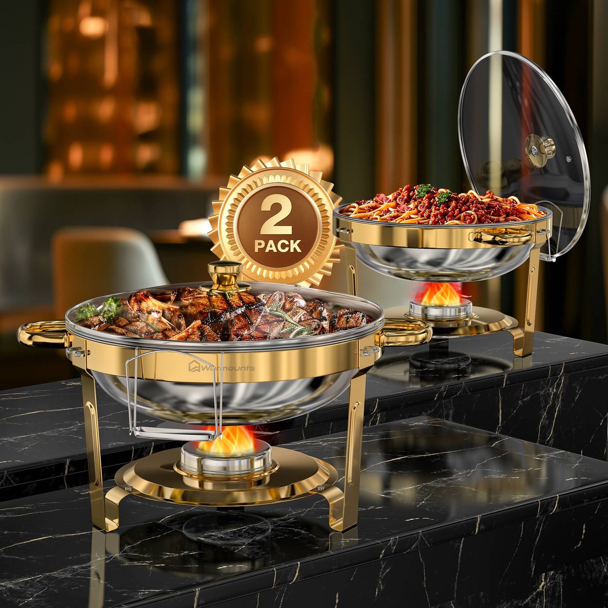 WARMOUNTS 2-delige Luxe Goudkleurige Ronde RVS Chafing Dish Set 4,7L – Buffetverwarmer voor Thuis, Party, Kerst, Feestdagen en Bruiloften