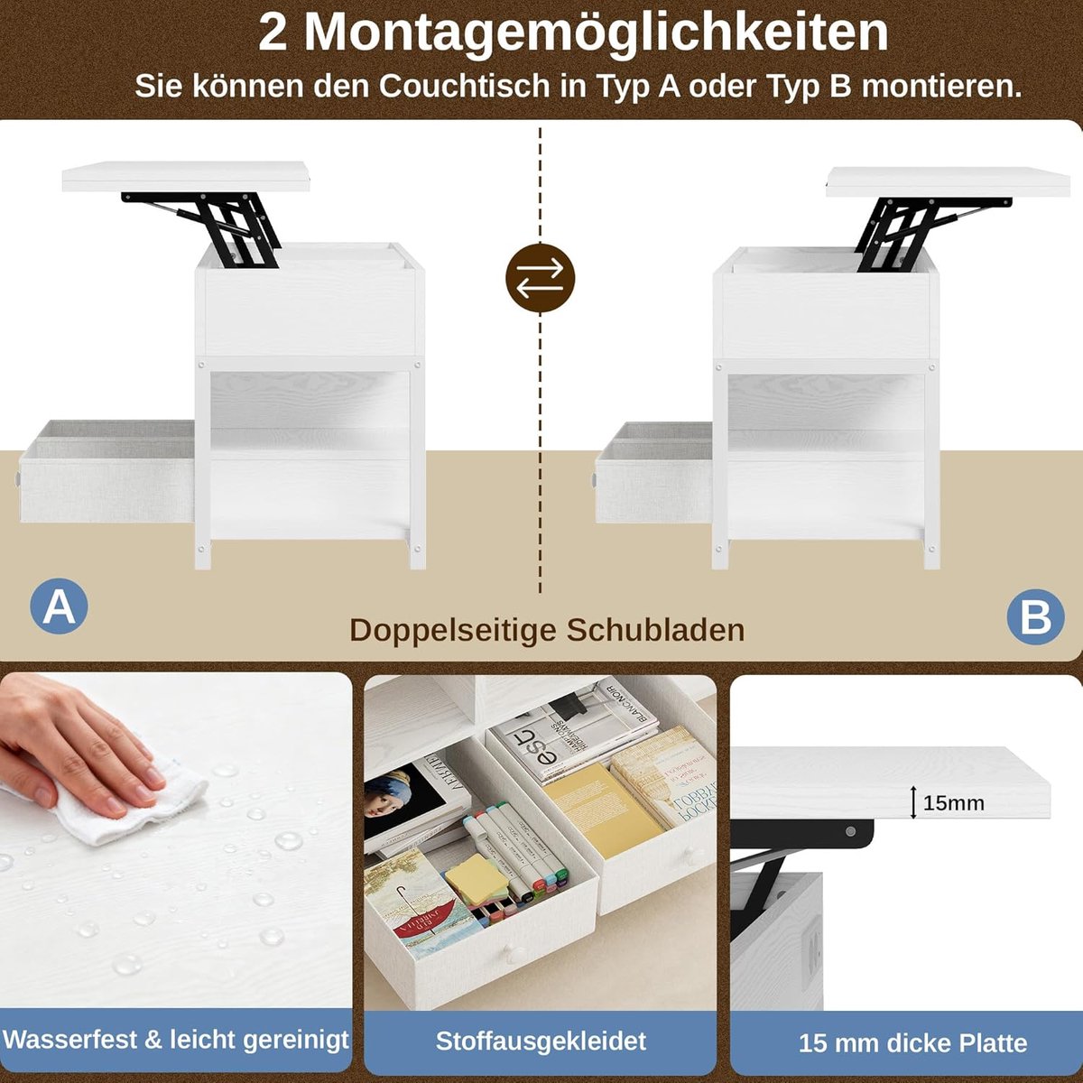 In hoogte verstelbare salontafel met LED verlichting en stopcontacten 100x80x64,5 cm Wit -