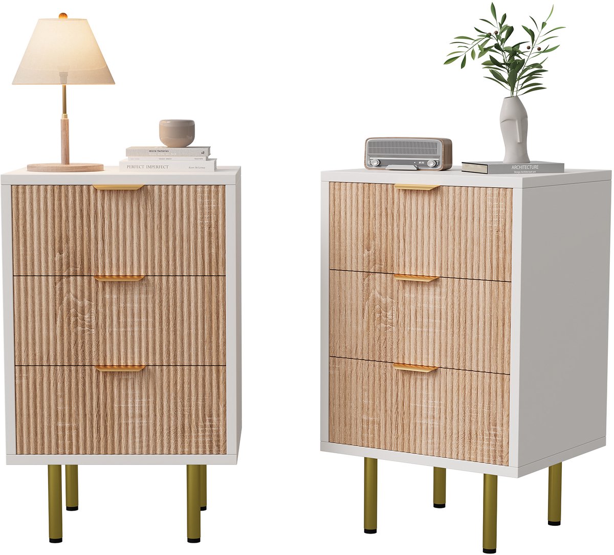 SHOPENTRA Set van 2 Nachtkasten met 3 Lades - Modern Geribbeld Design met Goudkleurige Grepen & Poten, 40x40x65cm, Voor Slaapkamer Natuurlijke kleur