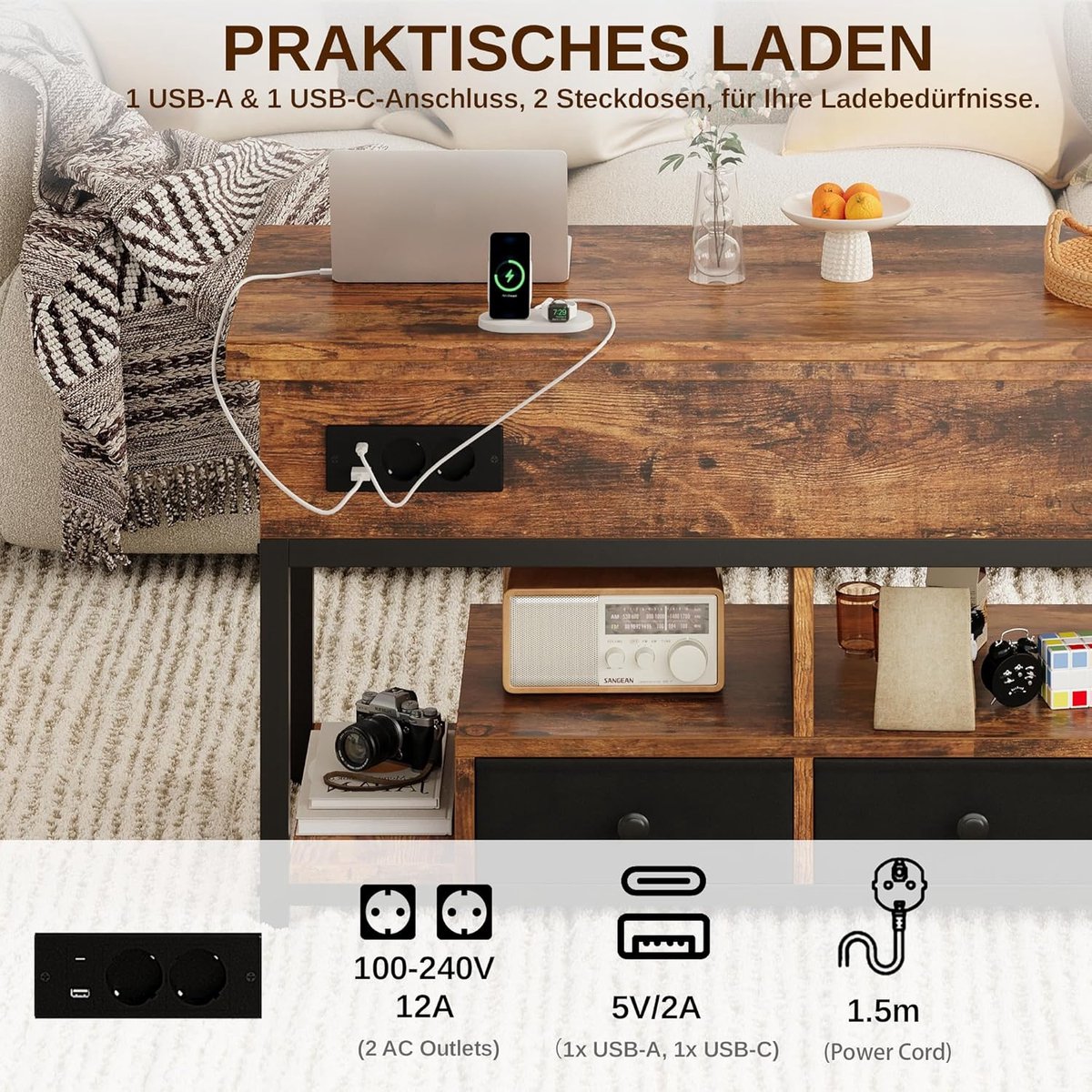 Verstelbare Salontafel met LED, Stopcontacten (2x AC + USB + USB-C), Uitschuifbare 3-in-1 Eettafel 100×80 cm – House&Garden Vintagebraun Multifunctionele Koffietafel met 2 Lades, Hoogteverstelbaar, Hout, Modern Woonkamer Meubel