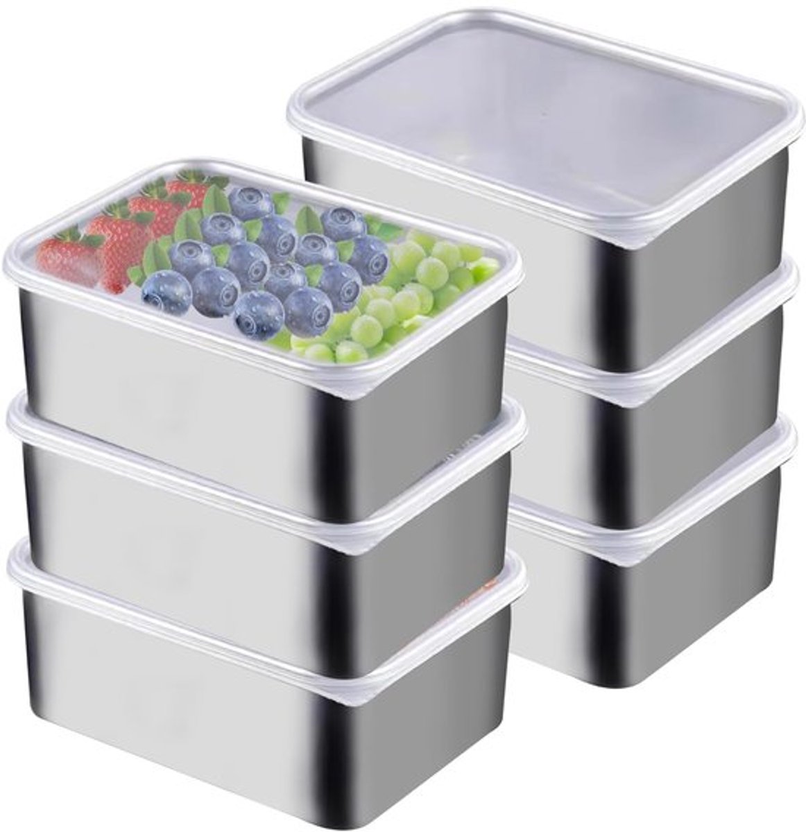 Verpakking van 6 vleesdozen voor de koelkast, 13,7 x 5,5 x 11 cm, diepvriesdoos, roestvrijstalen container met deksel, vershouddozen met deksel, stapelbare doos, maal- en voorbereidingsdozen voor kaas, vlees, worst