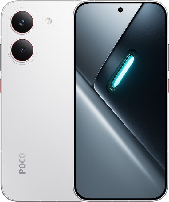 Smartphone POCO blanche avec double appareil photo arrière et écran avec accent lumineux.