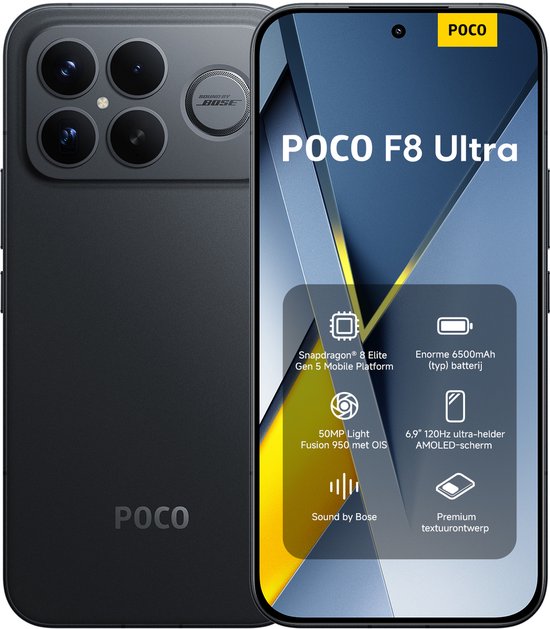 Zwarte POCO F8 Ultra smartphone met vier camera's, "SOUND BY BOSE" en informatie over specificaties op het scherm.
