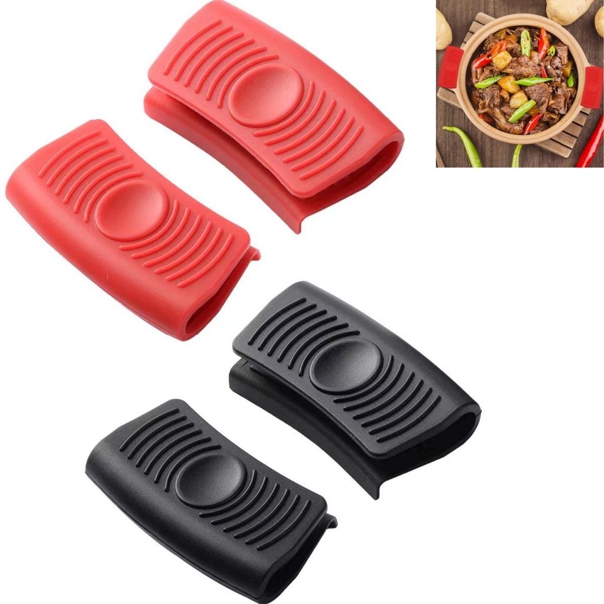 Dailygoods - Warme siliconen handgrepen - Pannenlappen - Robuust en hittebestendig - Zwart en rood - Handvat met clip - Ideaal voor de keuken - 4 stuk