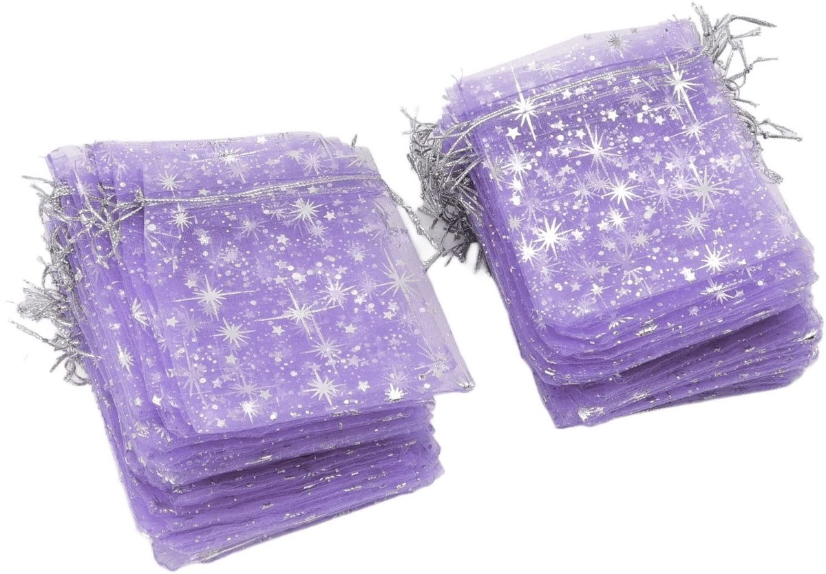 Dailygoods - Geschenktas - Organza Trekkoord - Ster Patroon - Paars - Cadeautasjes - 100 Stuks - Geschikt voor Feesten - Transparant