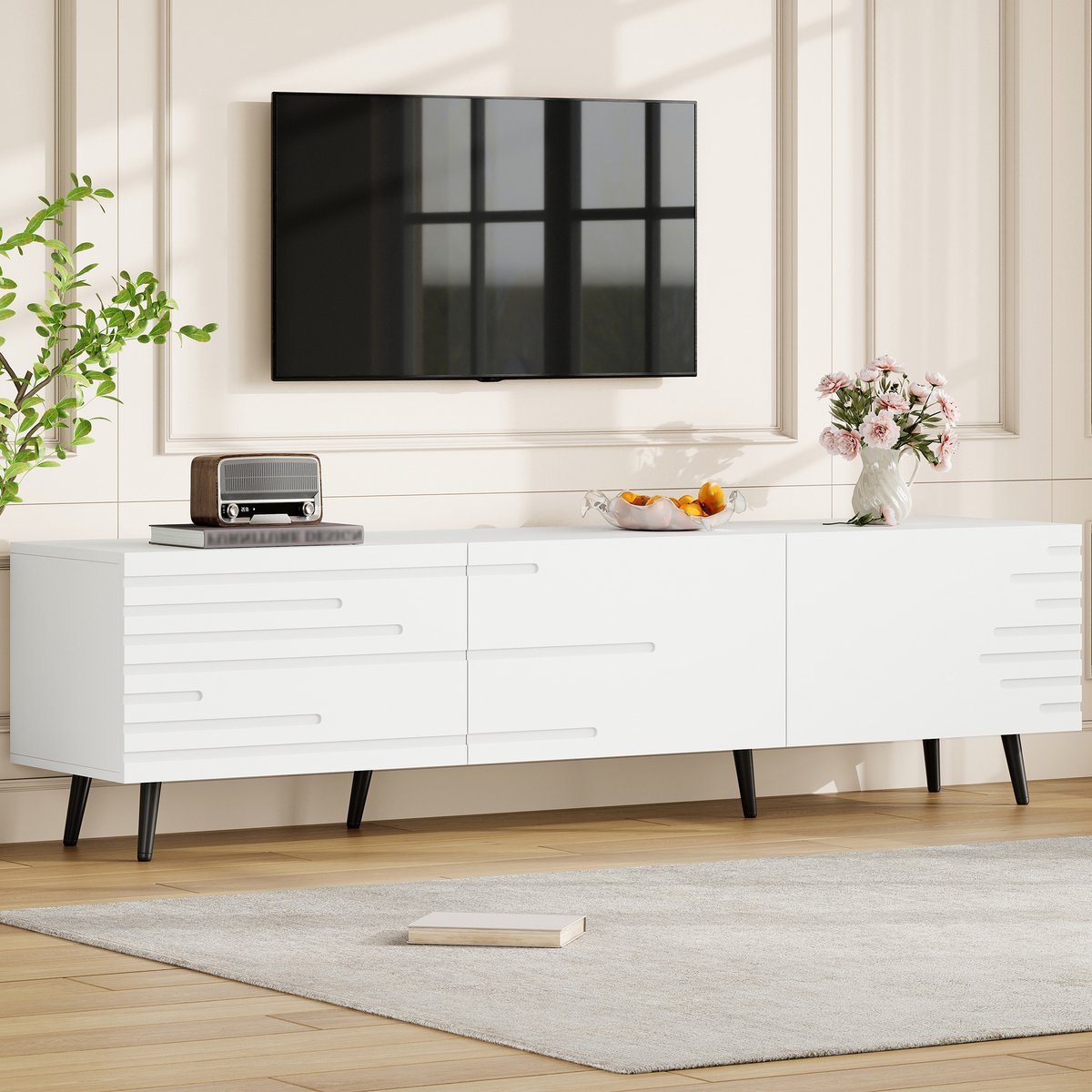 MODFU - Tv-Meubel - 3 Klepdeuren - Modern - Voor Woonkamer - MDF - Wit - 180 x 40 x 48 cm