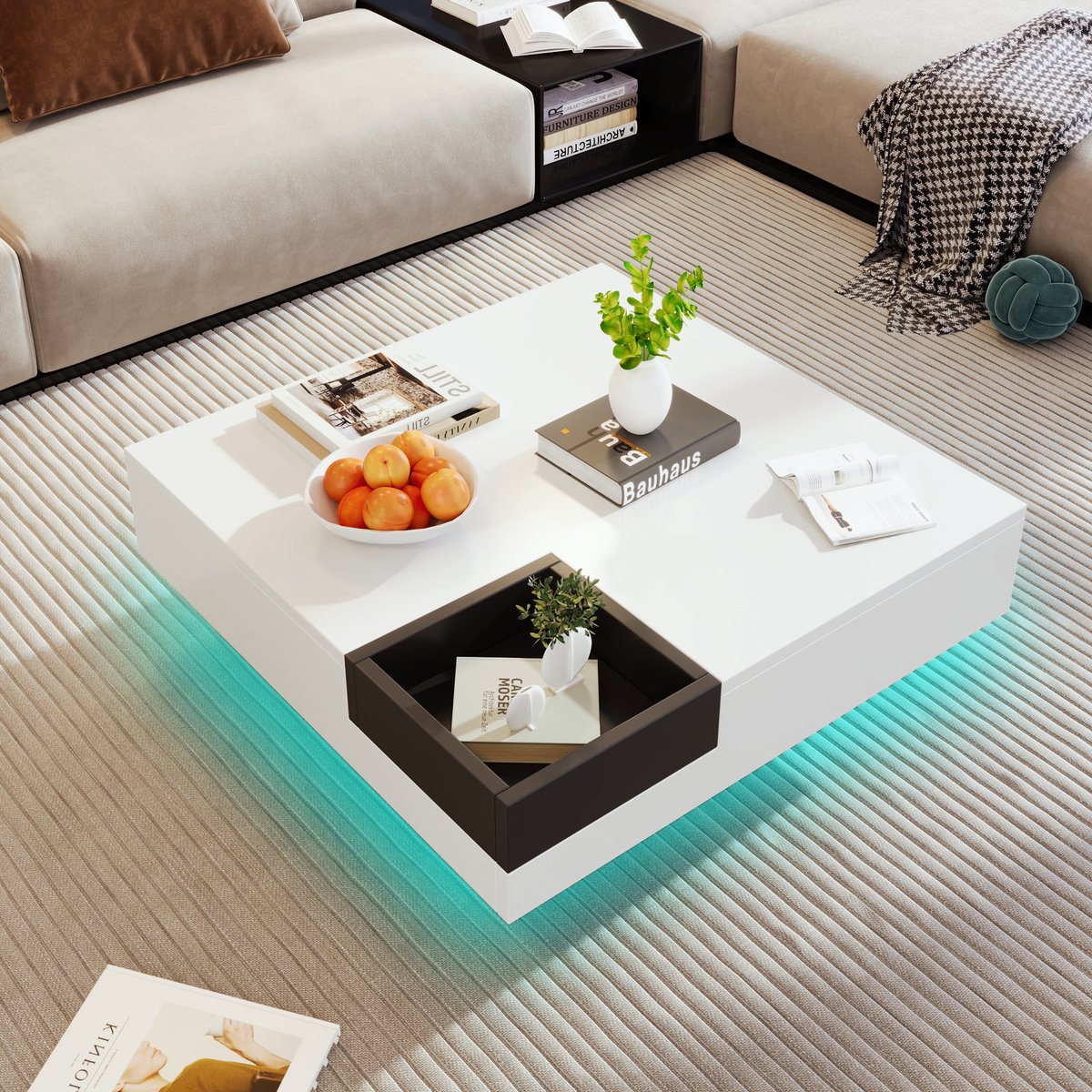 Salontafel - Sofa tafel - bijzettafel met opbergruimte - Woonkamer tafel - LED Verlichting - 72x72x30 cm - Noordse stijl - Wit