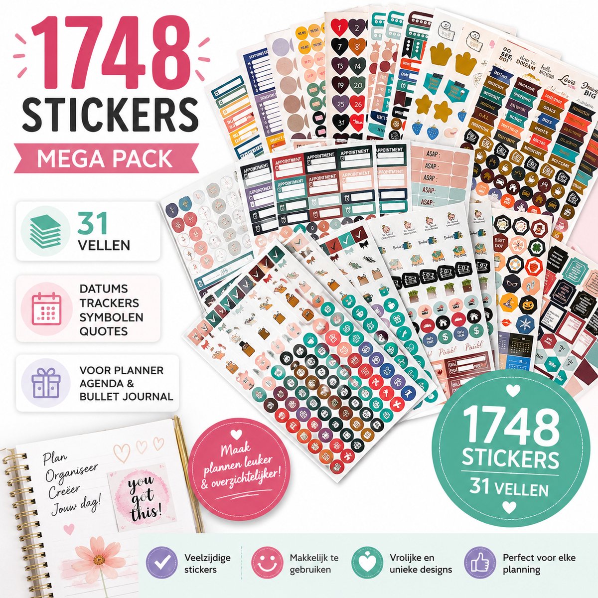 Planner Stickers Boek – 1748 Stickers voor Bullet Journal, Agenda & Kalender – 31 Vellen met Datums, Trackers, Quotes en Symbolen — afbeelding 12