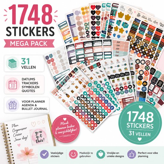Planner stickers mega pack – 31 vel – 1748 stickers voor Bullet Journal & Agenda – met datums, trackers, symbolen, quotes etc.