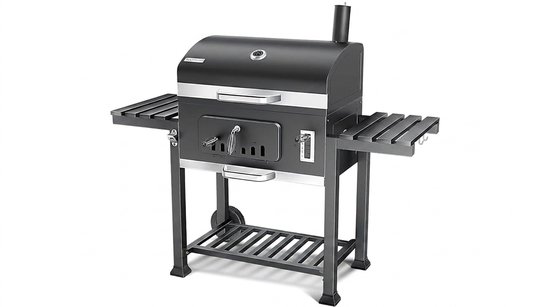 Houtskool BBQ Grillwagen XXL - Staande Barbecue met Deksel & Thermometer, In Hoogte Verstelbare Kolenbak, Warmhoudrooster, Ventilatie & Zijtafels - House&Garden Pro Smoke Station XXL - 153x73x137 cm (Grijs) — afbeelding 5