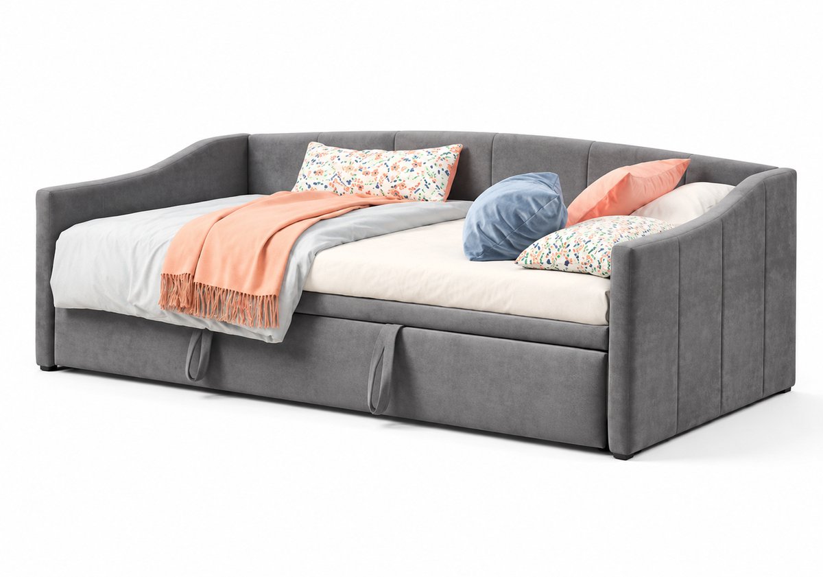 CINK Living® – Uitschuifbare Slaapbank 90×200 / 180×200 cm | Fluwelen Opklapbare Bank met Lattenbodem | 2-in-1 Logeerbed & Sofa | Grijs | Ruimtebesparend Ontwerp