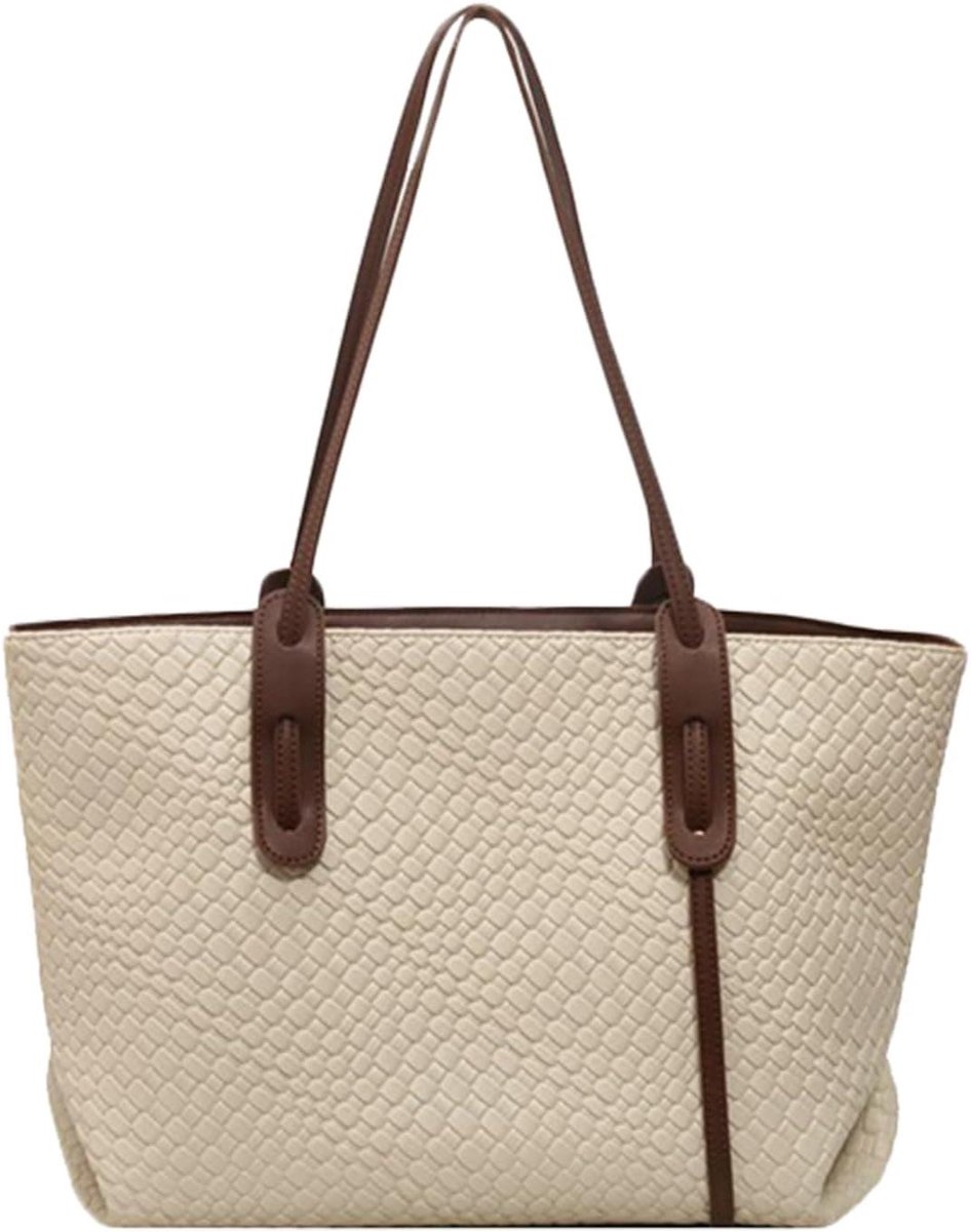 Grote Geweven Tas - Leren Draagtas - Winkelen en Reizen - Licht Opvouwbaar - 48 x 31 cm - Bruin