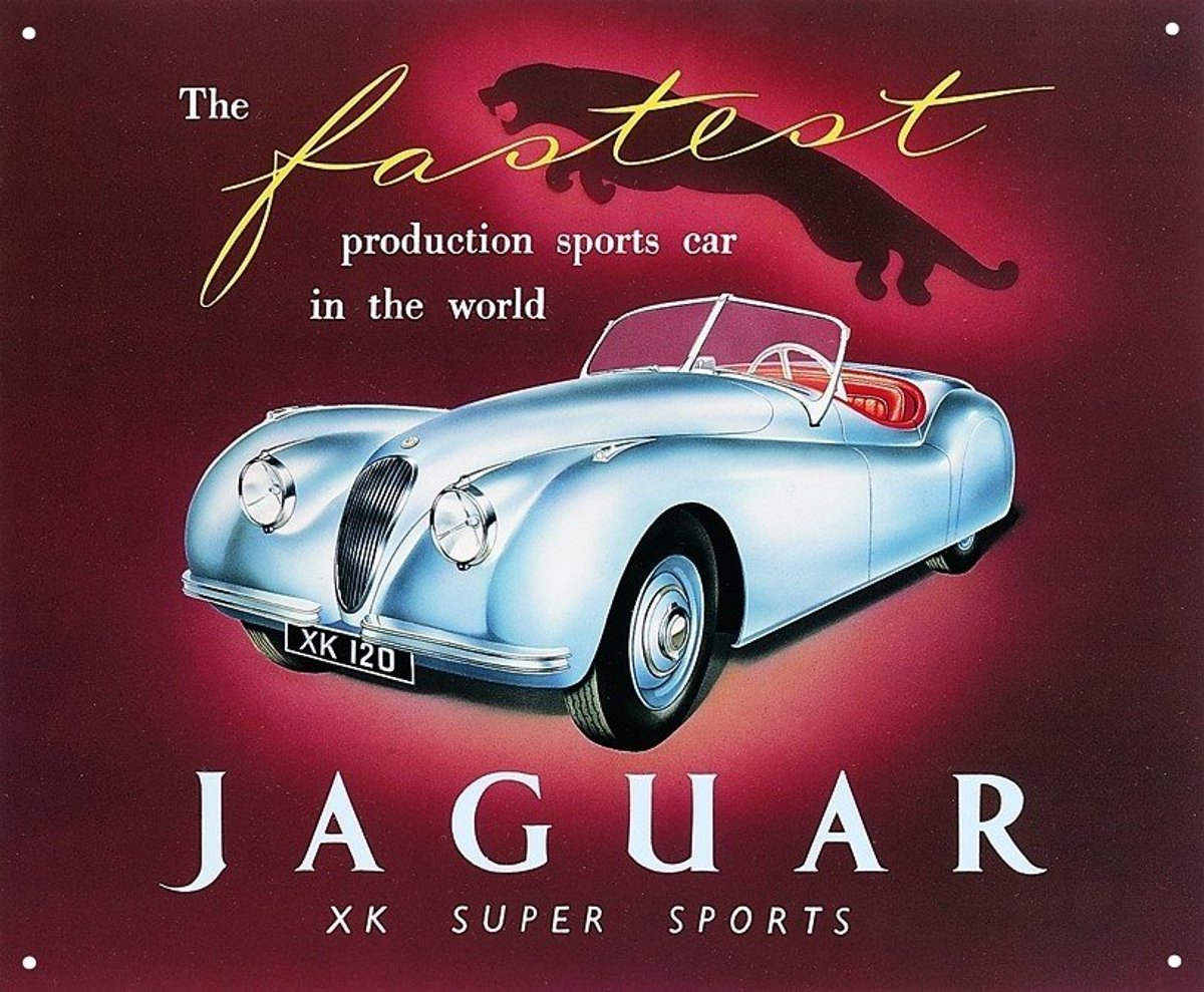 Metalen Wandbord Jaguar XK120 - Oldtimer Reclamebord - Vintage Auto Decoratie - Retro Mancave Garage - Metalen Bord Woonkamer - Cafe Bar Kroeg - Horeca Reclameplaat - Muurplaat - Cadeau Man Autoliefhebber - 30x40 cm
